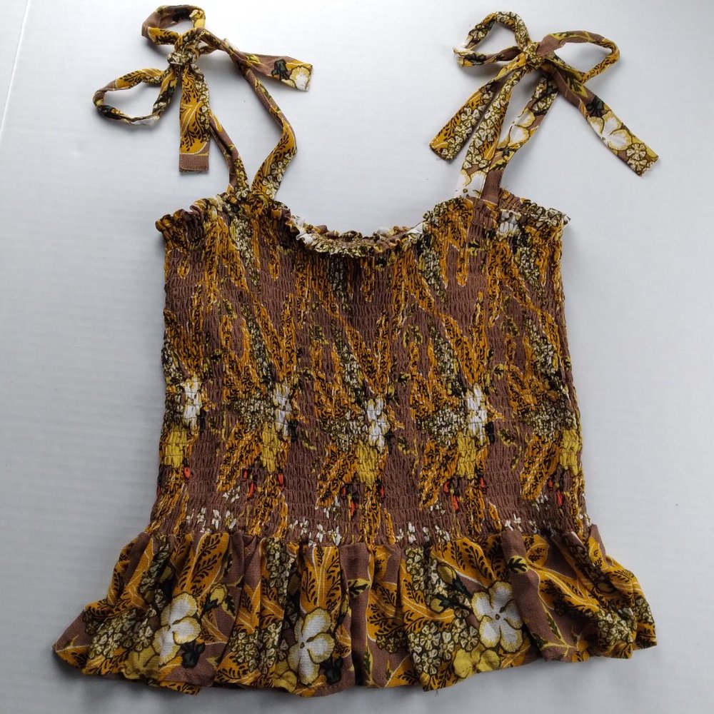 RACHEL ZOE Womens Smocked Crop Top Brown and Yellow Floral Print Tie Straps Boho